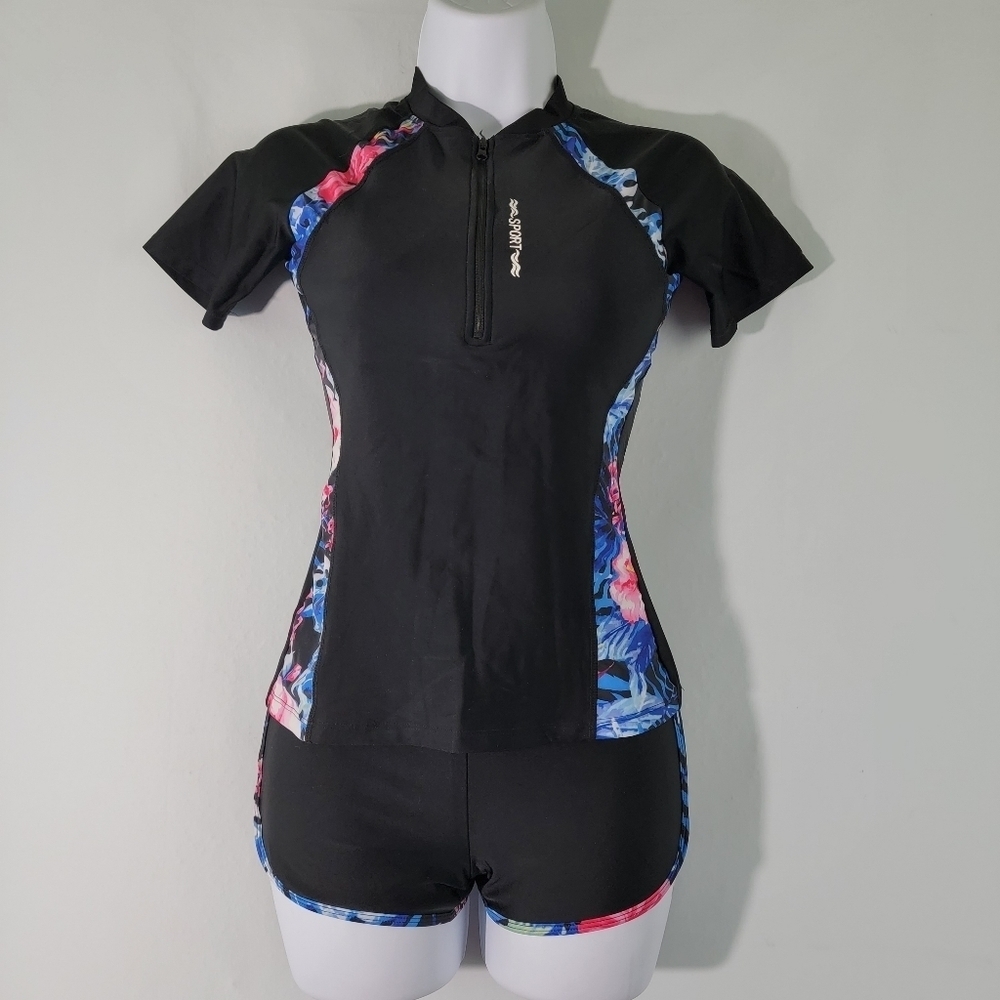 SPORT Women's Swimsuit Set Sz M Black Colorful Floral Boxer Resortwear Beach